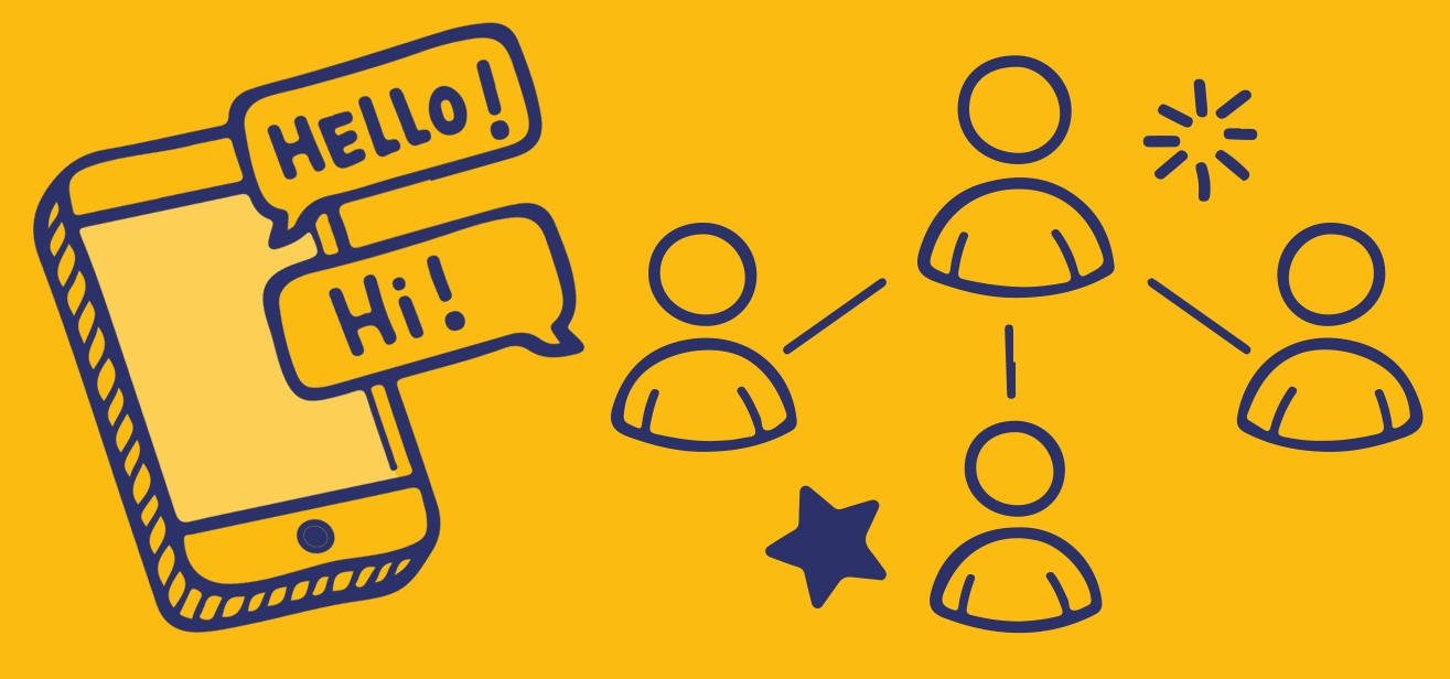 Decorative graphic showing a mobile phone, with protruding text bubbles saying Hello or Hi, and a community of online people representing a webinar