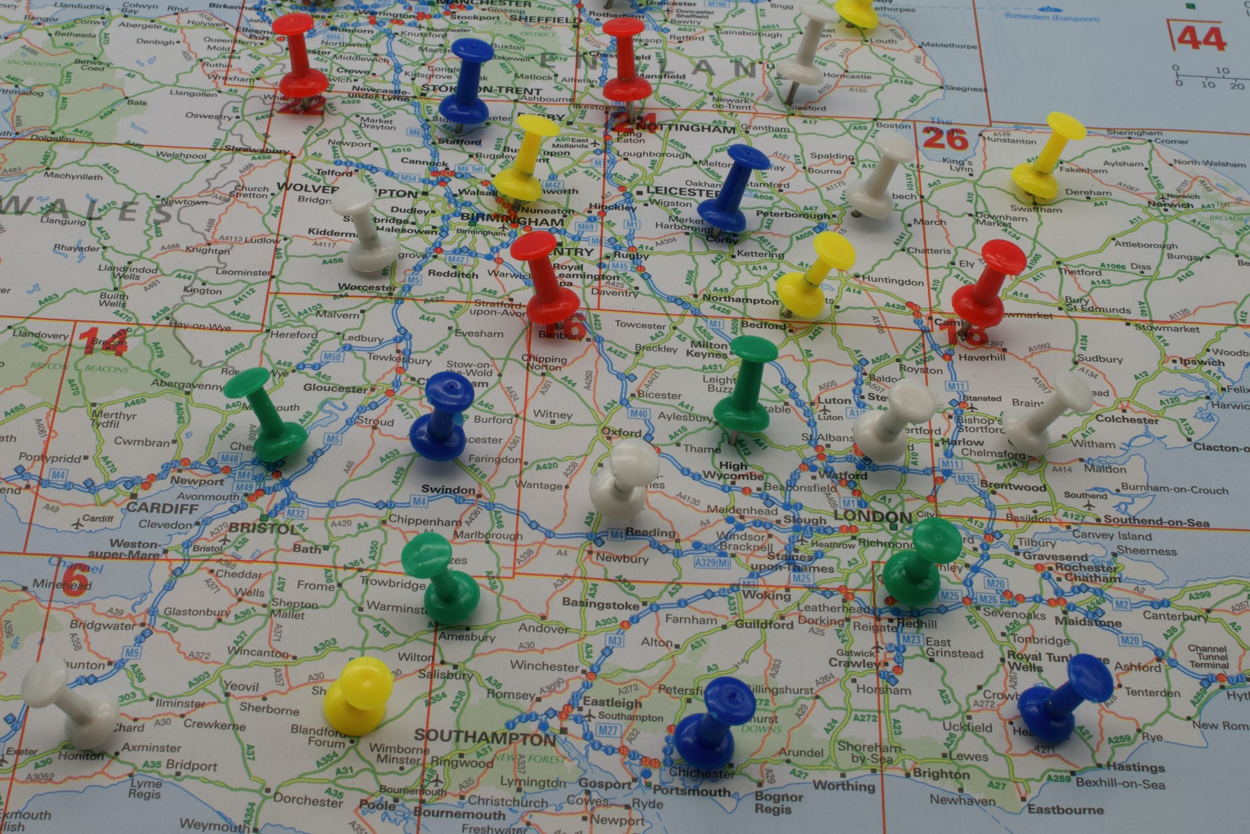 Pins in a map of travel destinations in England