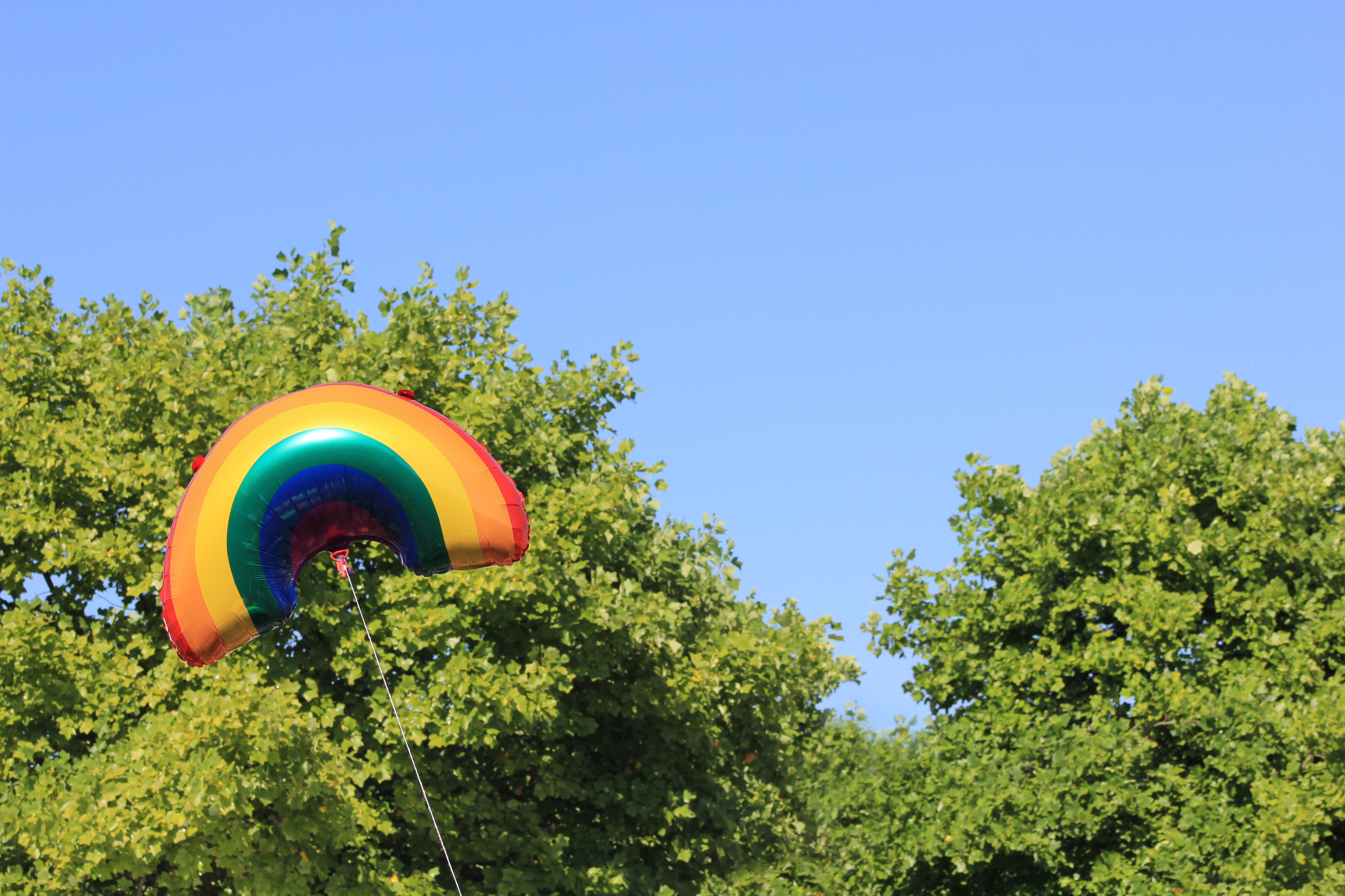 A multi-coloure drainbow shaped kite floating above the heads of the happy party goers below at Bristol pride festival. Photographer: Robin Worrall.